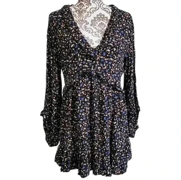 ZARA Dress Floral Mini Long Sleeves Black Blue Yellow Chiffon Y2K Women's Med - Picture 2 of 16